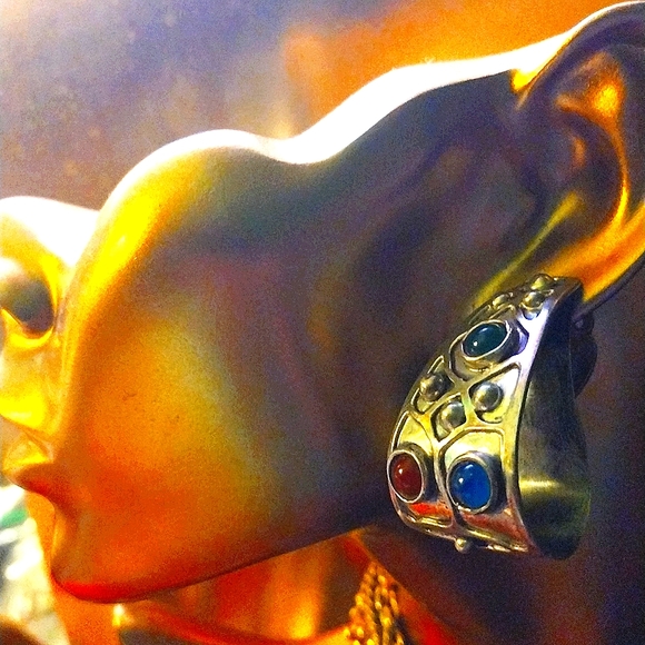 TAXCO LARGE STERLING CLIP-0N MULTI STONE EARRINGS SIGNED VINTAGE COLLECTABLE - Picture 7 of 7